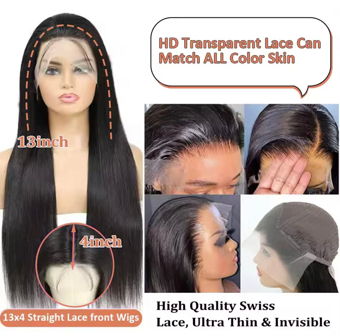 13x4 HD Transparent Bone Straight 30 40 Inches Lace Front Human Black Hair Wig