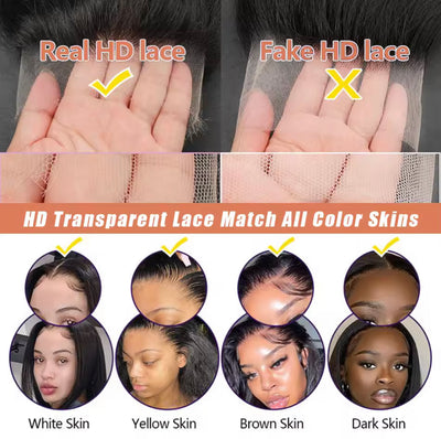 13x4 HD Transparent Bone Straight 30 40 Inches Lace Front Human Black Hair Wig